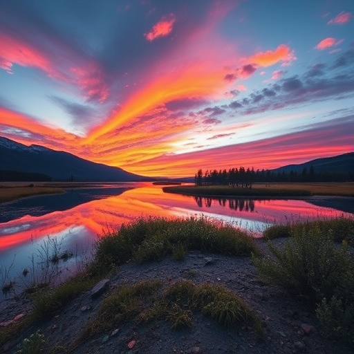 Create a detailed, high-resolution image of a serene landscape at sunset, with vibrant colors in the sky and reflections on a calm lake, using a Canon EOS R5 camera, 24mm lens, f/8 aperture, ISO 100, 1/200s shutter speed, capturing the scene in a wide angle view.