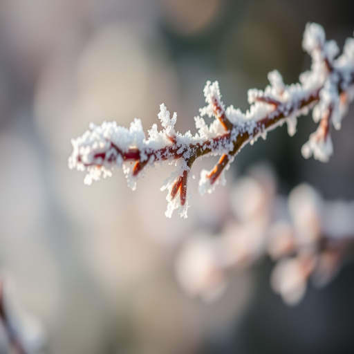 frosty branch close-up, shallow depth of field, f/2.8, 1/200s, ISO 100, 50mm lens, natural light, DSLR camera, focus on frost details, vibrant colors