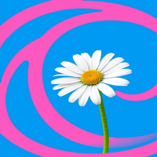 Generate a vibrant illustration of a white daisy with a yellow center on a solid blue background, surrounded by a circular pink border, including an artistic spiral design; camera settings: f/8 aperture, ISO 100, shutter speed 1/125s; camera view: close-up; camera style: bright and colorful; camera type: digital illustration.
