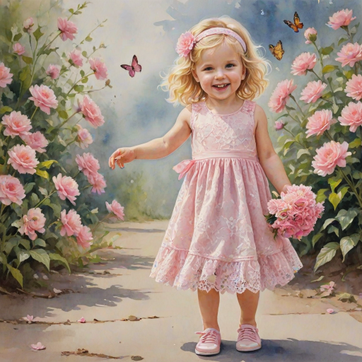 hyperrealism happy smiling toddler girl with messy wavy blonde hair with a headband, she is wearing a pink and white lace dress with pink and white shoes, she is holding a pink bouquet of flowers. Pink flowers and butterflies. summer background. Watercolor Highly detailed