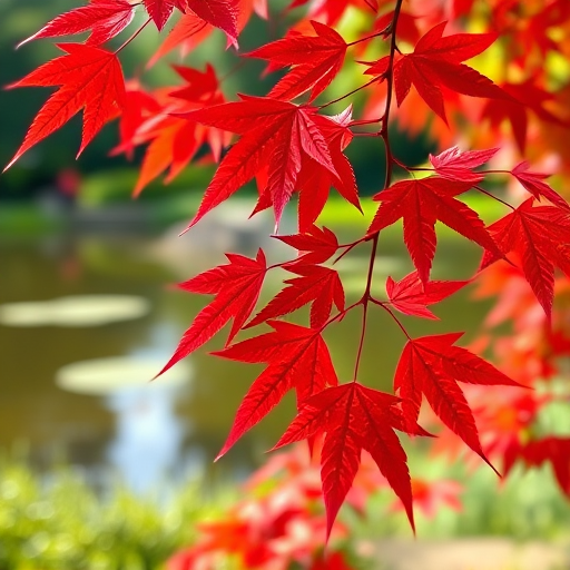 Capture a vibrant image of red maple leaves in the foreground with a soft focus on a serene pond and lush greenery in the background, taken with a DSLR camera at f/2.8, ISO 100, 1/200s, using a 50mm lens in natural daylight, with a shallow depth of field for enhanced details.