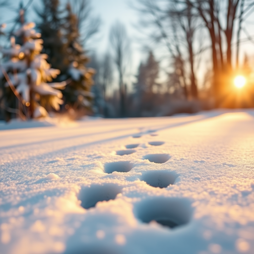 footprints in fresh white snow during golden hour, shallow depth of field, ISO 100, f/2.8, 1/200s, 50mm lens, DSLR camera, soft natural lighting, high resolution