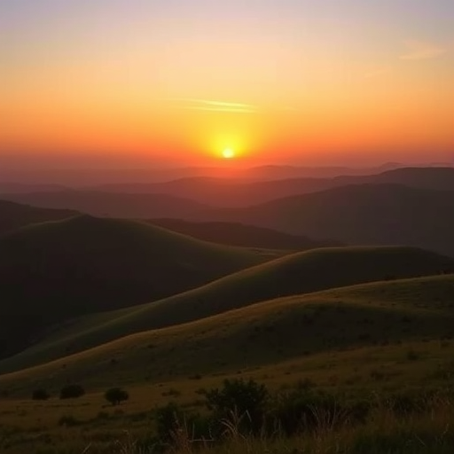 Generate a high-quality image of a serene landscape featuring rolling hills and a sunset in the background, captured with a Canon EOS R5, 50mm lens, f/1.8 aperture, ISO 100, at a 1/200 second shutter speed, in vivid colors with a soft focus effect.