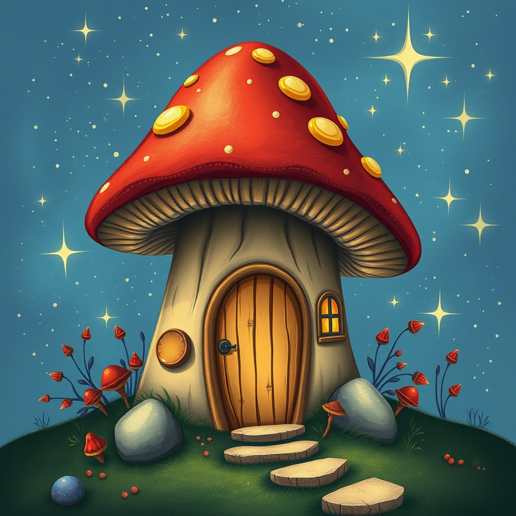 design illustration of a mushroom house with a door and a window, a storybook , fantasy art, mushroom house, bg starry sky, sparkles