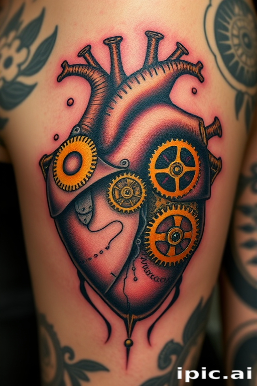 Steampunk tattoo titled "Clockwork Heart" showcasing an intricate mechanical heart with gears, cogs, and brass components, blending Victorian-era aesthetics with futuristic elements in a unique and imaginative design
