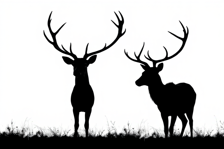 regenerate a silhouette of a majestic deer with antlers, focus on the profile view, use a DSLR camera at f/5.6, ISO 100, 50mm lens, natural light, high contrast, and a clean white background for clarity