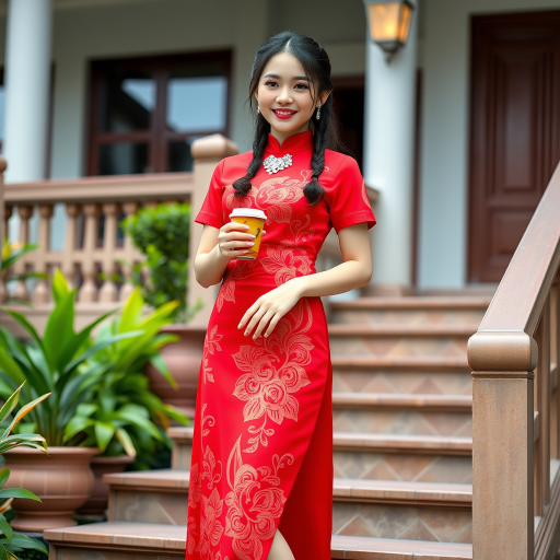 Chinese girl with a sweet smile wearing a red shivalai Thai dress, diamond jewelry, braided hair, holding a cup of hot coffee, wearing white high heels, standing on the stairs, Thai style house.
