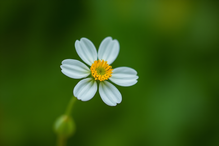 A close-up photo of a single white flower with a yellow center against a soft blurred green background, shot with a DSLR camera using a 50mm lens, aperture set to f/2.8, ISO 100, and a shallow depth of field for enhanced detail and bokeh effect.