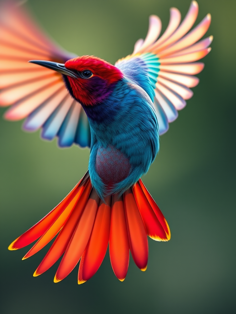 Create a vibrant, stylized bird in flight with flowing colorful feathers in a digital art style, using a Canon EOS R5 with a 50mm f/1.2 lens, aperture set to f/8, ISO 100, and a polarizing filter to enhance color saturation and reduce glare.