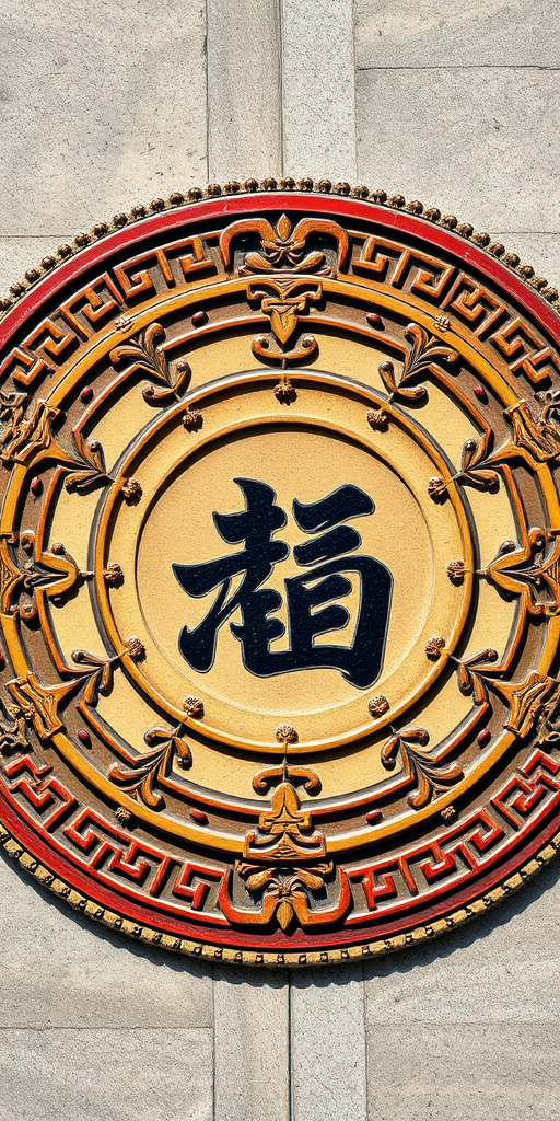 Create a high-resolution image of an ornate circular design featuring traditional Chinese motifs, with a prominent stylized character in the center, using a DSLR camera at f/4.5, ISO 100, with a focal length of 50mm, shot from a top-down view with natural lighting for enhanced detail and contrast.