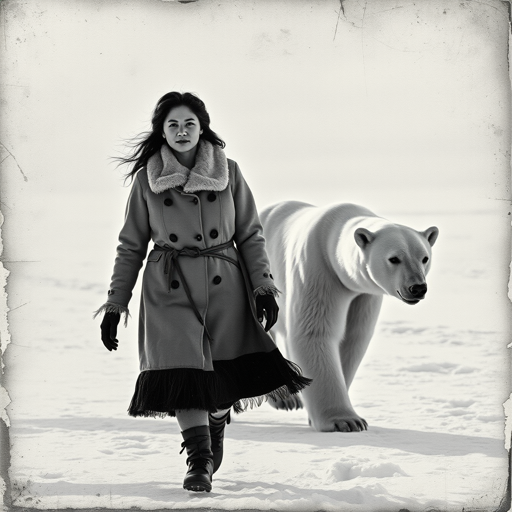A very old photograph in black and white. The photo is badly damaged, faded, with scratches, tears, smudges and dirt. The photo is ultra-realistic and very detailed. It's a picture of an Arctic warrior. She is walking serenely towards the camera. At her side walks a majestic polar bear. Its fur shines in the sunlight. Snow, ice, sea. wind. snow in the air.