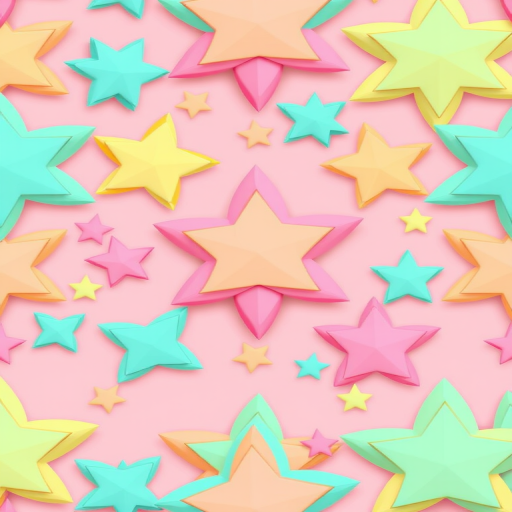 Create a colorful seamless pattern featuring abstract star-shaped objects in various colors including pink, yellow, and turquoise on a soft pink background with high resolution, 50mm lens, aperture f/8, 1/100s shutter speed, ISO 200, top-down view, digital illustration style.