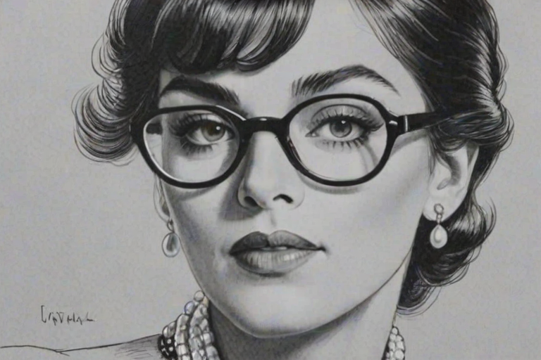 Bewitching Coco Chanel, pencil sketch, portrait of Alluring woman 1979s in glasses, hair style beatnik, outline, clear lines, fine lines, 8k