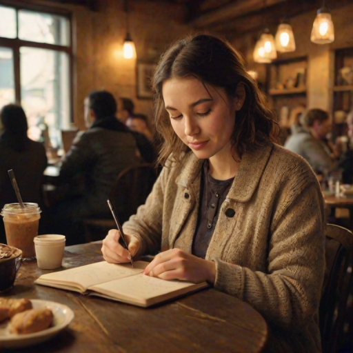 Warmly lit photo of a woman writing in a notebook at a rustic café, with soft light illuminating her face, surrounded by the cozy atmosphere of fellow patrons and pastries.