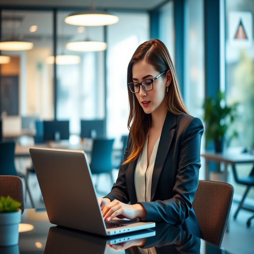 Professional woman working on a laptop in a modern office setting, well-lit with ambient lighting, shallow depth of field, 50mm lens, f/1.8 aperture, ISO 200, 1/125s shutter speed, shot on a digital mirrorless camera.