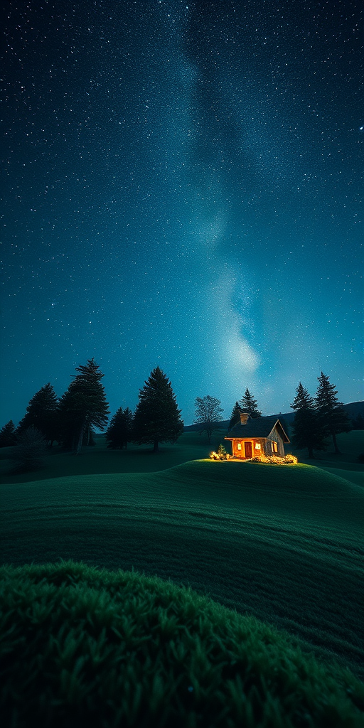 Create a high-resolution image depicting a whimsical landscape with a small house and trees under a starry night sky, captured with a DSLR camera, 50mm lens, f/1.8 aperture, ISO 100, 1/60s shutter speed, in a wide-angle view for a more expansive feel.