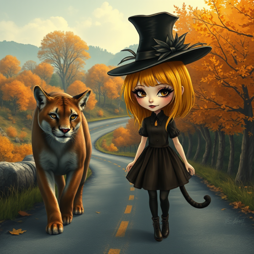digital art fantasy depicting a strange girl with Yellow hair, long eyelashes, black lipstick and a tall hat walking along a winding road on an autumn afternoon, an Puma smiles as she passes