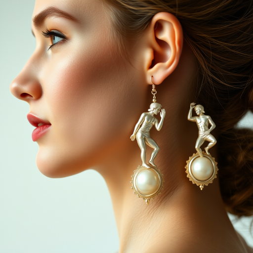 beautiful young lady with hair done up, and an exquisite pair of earings, made from mother of pearl, shimmering, and composed of different men in poses as he climbs up the long earing