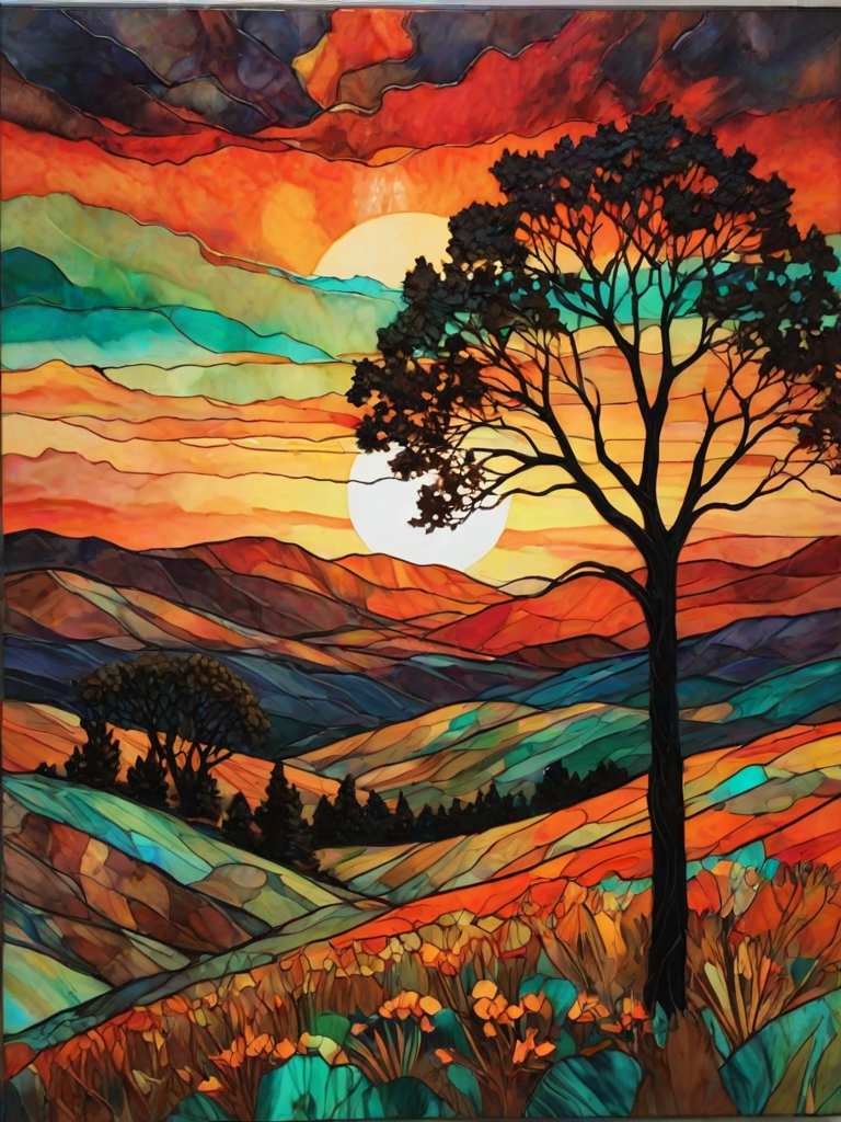 A vibrant abstract painting on Tiffany Glass, blending acrylic and alcohol ink techniques, captures a dramatic sunset over rolling hills. The artwork features a textured, rocky foreground in green and brown, layered abstract hills, and a striking sunset in rich oranges, yellows, and reds. A solitary black tree with intricate branches contrasts against the fiery sky, creating a dynamic and expressive portrayal of a breathtaking natural scene.