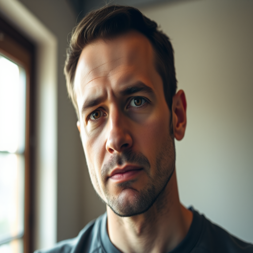 Portrait of a man with a pensive expression, natural light coming from a large window, shallow depth of field, f/1.8 aperture, ISO 200, 50mm lens, soft focus background, taken with a DSLR camera.