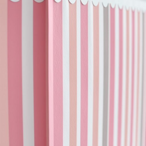 colorful vertical stripes in shades of pink, gray, and white with decorative scalloped edges, taken with a DSLR camera at f/4, ISO 100, 50mm lens, bright natural lighting, shallow depth of field, capturing the texture and patterns of the paper