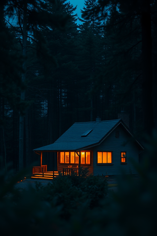 Generate an image of a small, solitary house in a dense forest at dusk, with warm light glowing from the windows, detailed view with a shallow depth of field, using a Canon EOS R5, 50mm f/1.2 lens, ISO 400, f/1.8, 1/60s, to capture rich colors and depth.