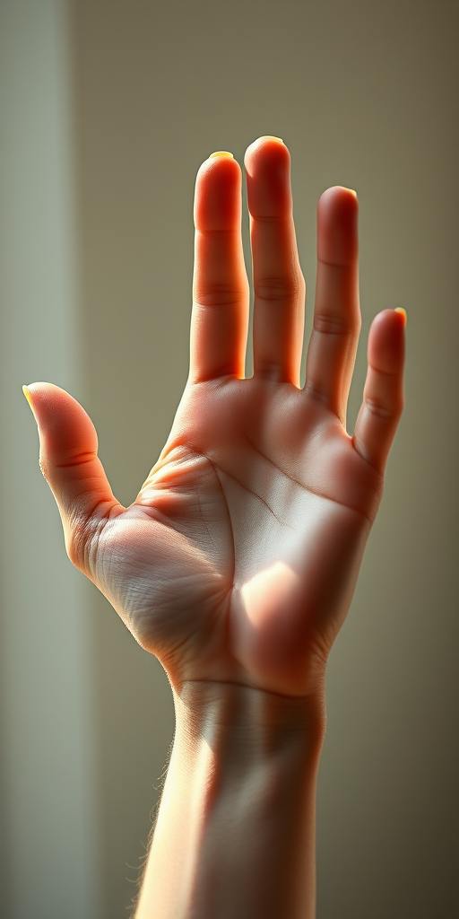 Generate a highly detailed digital illustration of an open human hand, captured with a Canon EOS R5, 50mm f/1.2 lens, in soft natural light, with a shallow depth of field and high contrast to emphasize the textures and details of the hand.