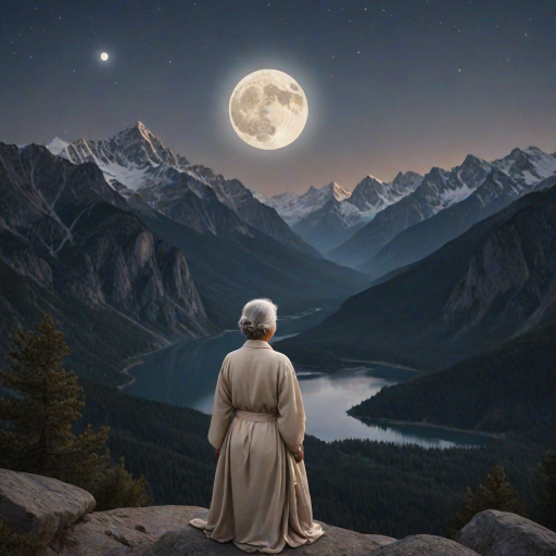 Create a serene night scene with a thoughtful older woman gazing at a full moon over mountains, dressed in elegant, flowing attire, capturing a sense of nostalgia and tranquility.