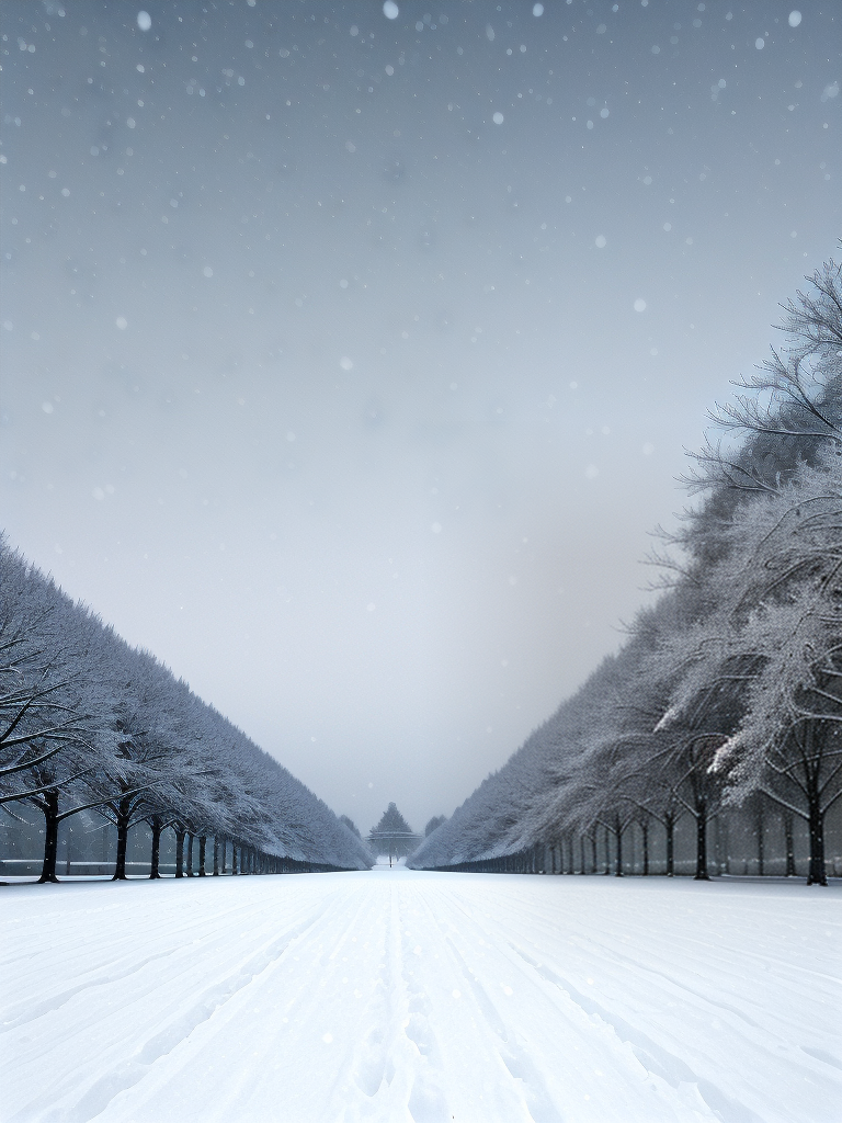 A Serene Winter Landscape with Snow-Covered Trees and a Tranquil Pathway.