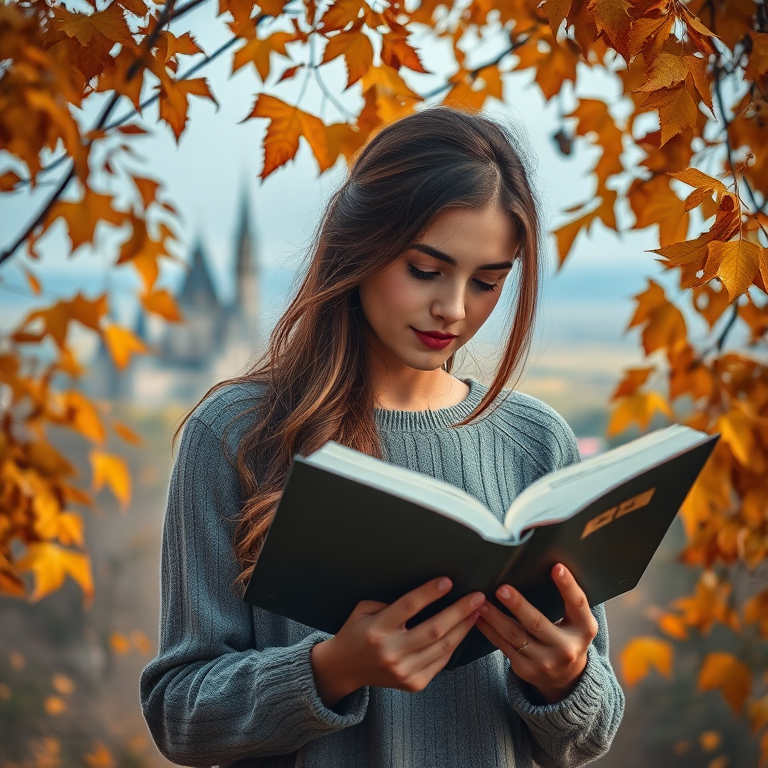 Regenerate the image of a young woman reading a book surrounded by swirling autumn leaves with a background of distant castles, using a DSLR camera, 50mm lens, f/1.8 aperture, ISO 100, with soft focus and high dynamic range for enhanced detail and color vibrancy.