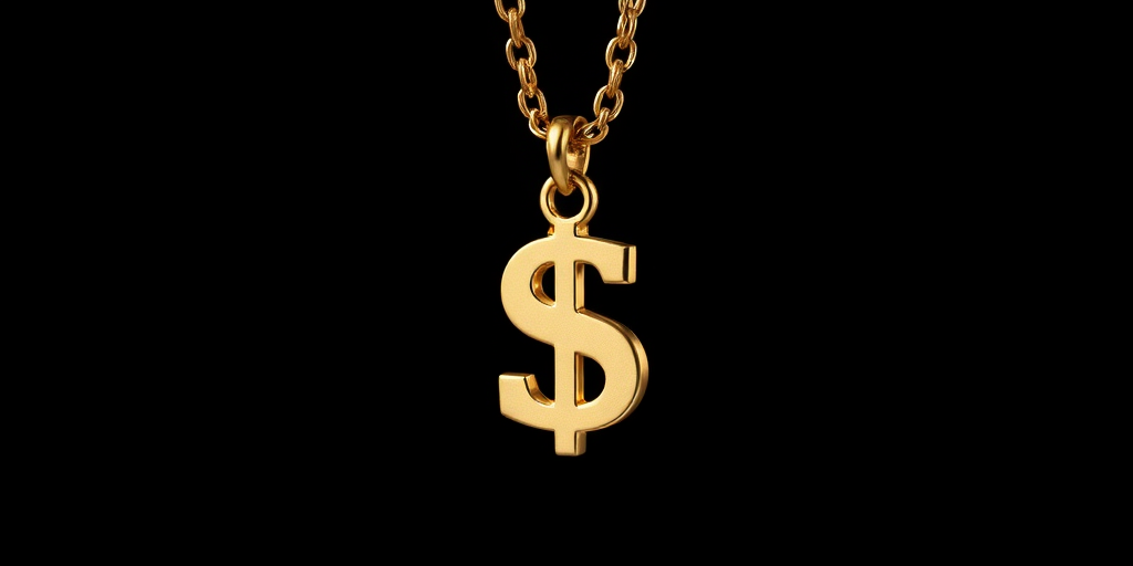 Generate an image of a shiny gold dollar sign pendant hanging from a thick gold chain, taken with a DSLR camera at f/2.8 aperture, ISO 100, 50mm lens, with a shallow depth of field, and a soft focus background to enhance the jewelry's details and shine.