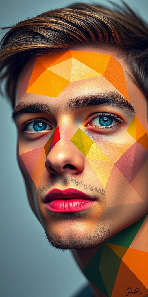 Create a vibrant, geometric portrait of a young man's face with colorful facets, shot with a Canon EOS R5, 50mm f/1.2 lens, aperture at f/4, ISO 200, soft diffused lighting, and a slight soft focus effect to enhance depth and details.