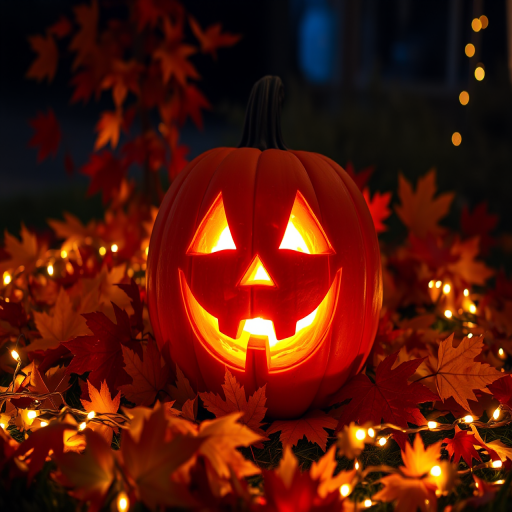 A glowing jack-o-lantern surrounded by colorful autumn leaves and warm fairy lights in a dark outdoor setting.