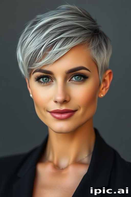 Sophisticated salt-and-pepper haired woman with a chic, tapered pixie cut, exuding confidence and embracing natural beauty