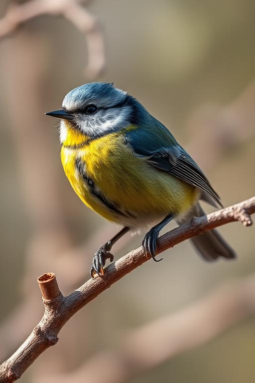 blue tit perched on a branch in a natural setting, close-up view, natural lighting, shallow depth of field, 50mm lens, f/2.8 aperture, ISO 100, 1/200 sec shutter speed, DSLR camera