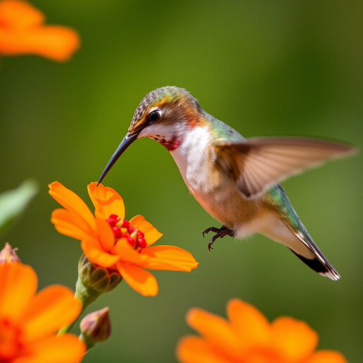 hummingbird feeding on orange flowers, high depth of field, 50mm lens, f/2.8 aperture, ISO 100, shutter speed 1/2000s, natural light, close-up view, DSLR camera