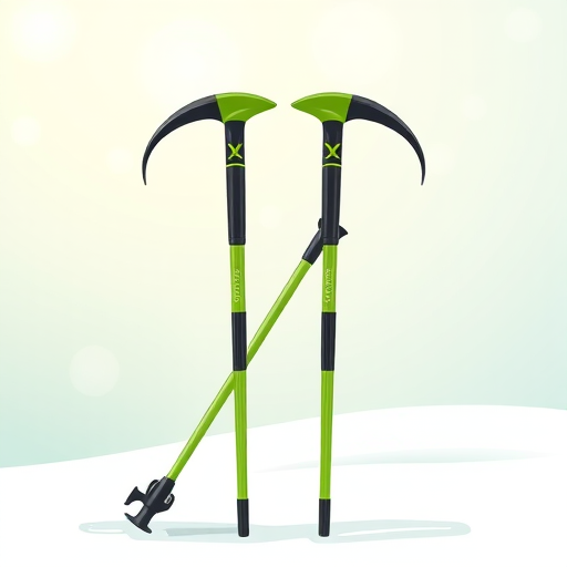 Create an illustration of two stylized green and black ski poles with a clean design, using a high-resolution camera with a 50mm lens, aperture set to f/2.8, ISO 100, shot from a front view with a soft focus background.