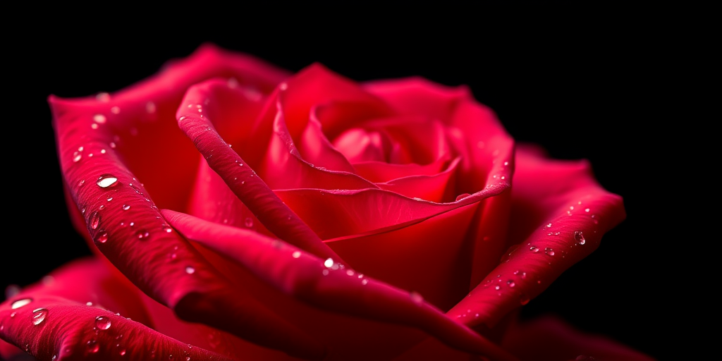 regenerate a close-up photograph of a rose with water droplets, black background, soft focus with a high contrast, captured with a macro lens at f/2.8, ISO 100, shutter speed 1/250s, natural light, using a Canon EOS 5D Mark IV.