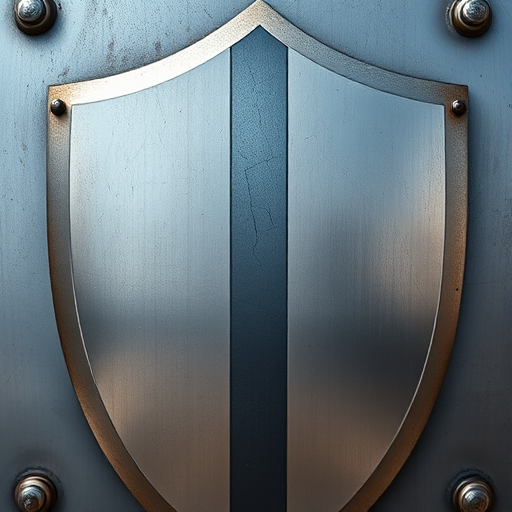 Create a detailed image of a shield with a smooth metallic surface, using a Canon EOS R5, 50mm lens, f/2.8 aperture, ISO 200, natural lighting, and a frontal view to enhance image quality.