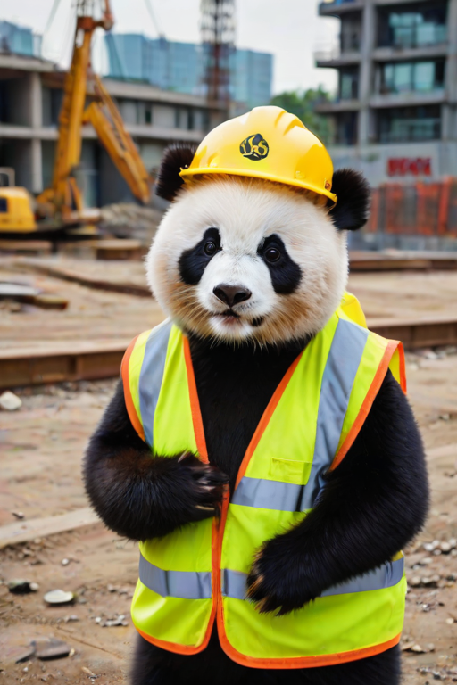 The image is a high-resolution photograph of a charming panda named Huahua, depicted standing on a bustling construction site. Huahua has her distinctive black and white fur, and she is dressed in a bright yellow construction helmet and a reflective safety vest, adding to her professional appearance. The helmet has a small logo on the front, and the vest is detailed with reflective stripes, creating a realistic construction look.