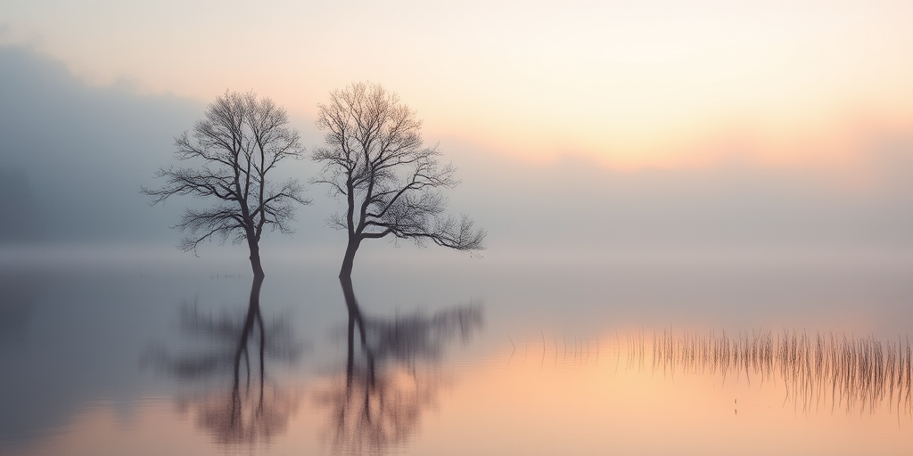 misty lake landscape with two trees in calm water, reflections visible, soft light, shot with a DSLR camera, aperture f/8, ISO 100, shutter speed 1/125 sec, focal length 35mm, taken at sunrise for warm tones and enhanced detail.