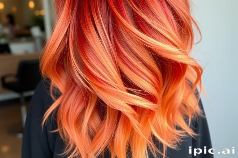 Fiery red and orange balayage hair named "Phoenix Rising," flows in beachy waves from a deep side part, blending warm copper tones at the roots into brilliant flame-like hues at the ends, creating a stunning and dynamic look