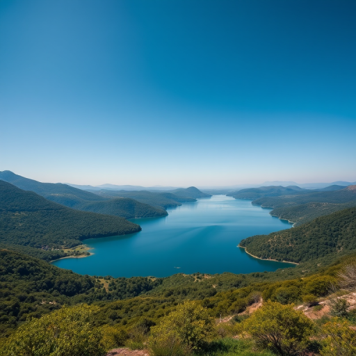 Capture a serene landscape of a tranquil lake surrounded by lush green hills under a clear blue sky, using a DSLR camera at f/8 aperture, 1/250 sec shutter speed, ISO 200, shot from a high vantage point with a wide-angle lens to emphasize depth and detail.