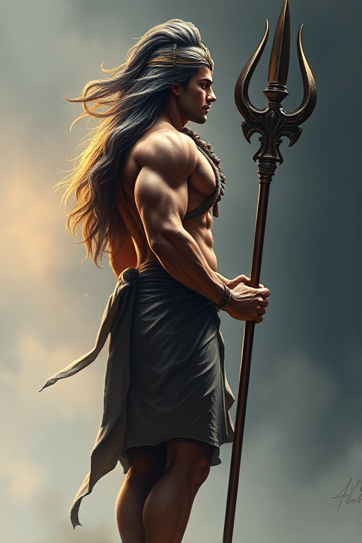 Create a high-resolution digital painting of a muscular figure resembling a deity, standing in profile with long flowing hair, holding a trident, dressed in traditional attire, with dramatic lighting, using a full-frame DSLR camera, focal length of 50mm, aperture set to f/1.8, ISO 100, capturing in portrait mode for enhanced image quality.