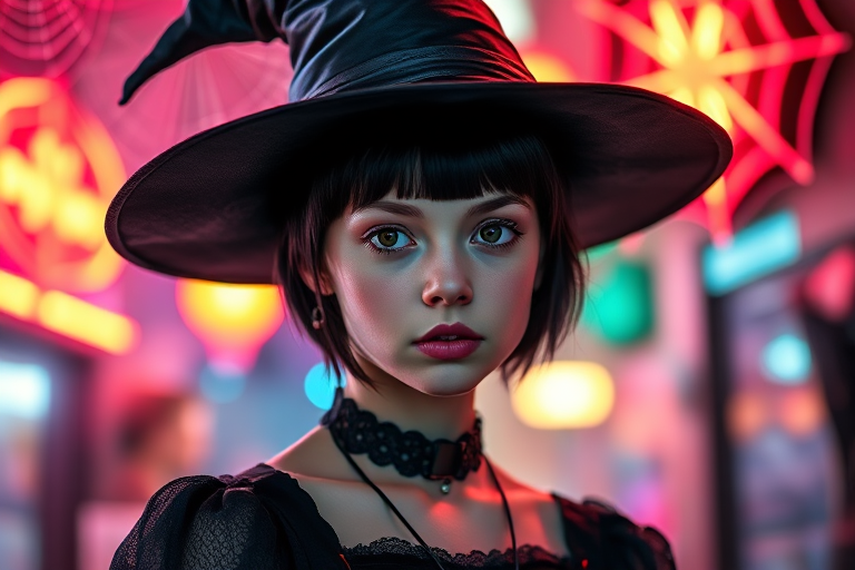 portrait of a young witch with short black hair wearing a wide-brimmed hat and gothic attire, vibrant neon lighting with spider webs in the background, 50mm lens, f/1.8 aperture, ISO 100, shot at dusk, high dynamic range, shallow depth of field, soft focus style, digital camera