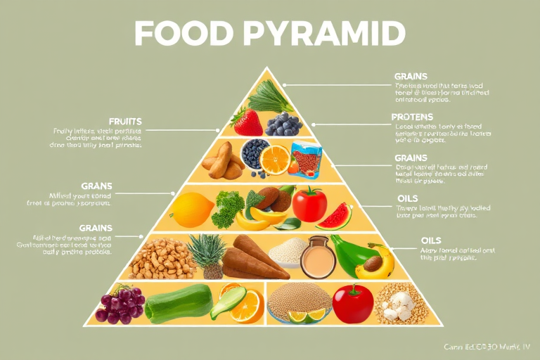 Create an infographic of a food pyramid with clearly labeled sections for fruits, vegetables, grains, proteins, and oils, captured with a Canon EOS 5D Mark IV, f/8 aperture, ISO 100, 24mm lens, top-down view, bright and vibrant colors.