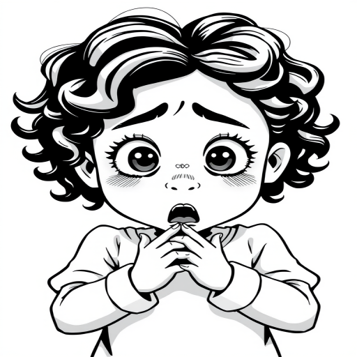 The image is a black and white illustration of a young girl with curly hair. She has a surprised expression on her face with her mouth open and her hands clasped together in front of her chest. Her eyes are wide and her eyebrows are furrowed. Her hair is styled in loose curls that are cascading down her back. The overall mood of the image is one of shock or surprise.