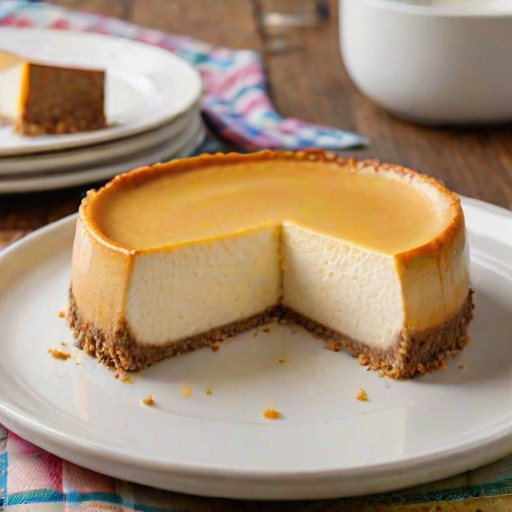 Generate an image of a creamy cheesecake with a graham cracker crust, featuring a slice removed to show the smooth texture inside. The cheesecake should be placed on a wooden serving board, with a colorful checkered cloth underneath.
