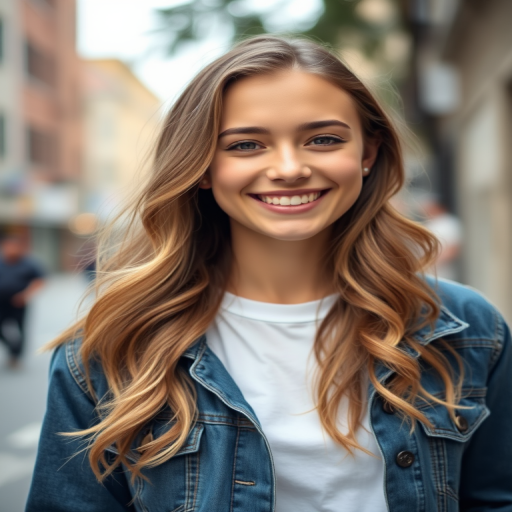 portrait of a young woman smiling with wavy hair wearing a denim jacket and a white t-shirt, urban street background, soft natural lighting, aperture f/2.8, ISO 100, shutter speed 1/250s, shot from eye level with a DSLR camera, shallow depth of field for a blurred background effect