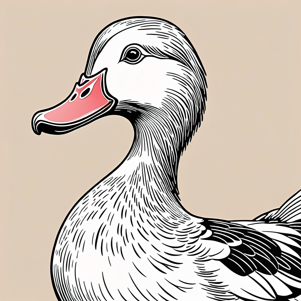 simple line drawing of cartoon Pixar style happy Muscovy duck low detail centered no bleed.